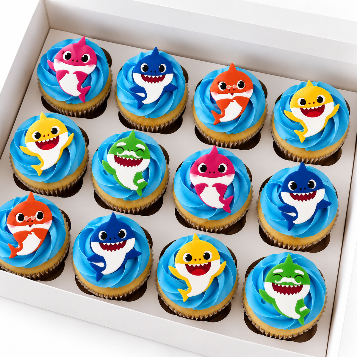 Baby Shark Cupcakes with Edible Shark Family Toppers