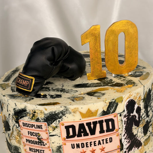 Boxing Birthday Cake with Gold Leaf and Custom Champion Plaque