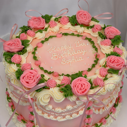 Vintage Birthday Cake with Hand-Piped Pink Roses