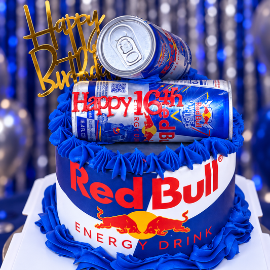 Red Bull-Themed Birthday Cake with Edible Can Wrap