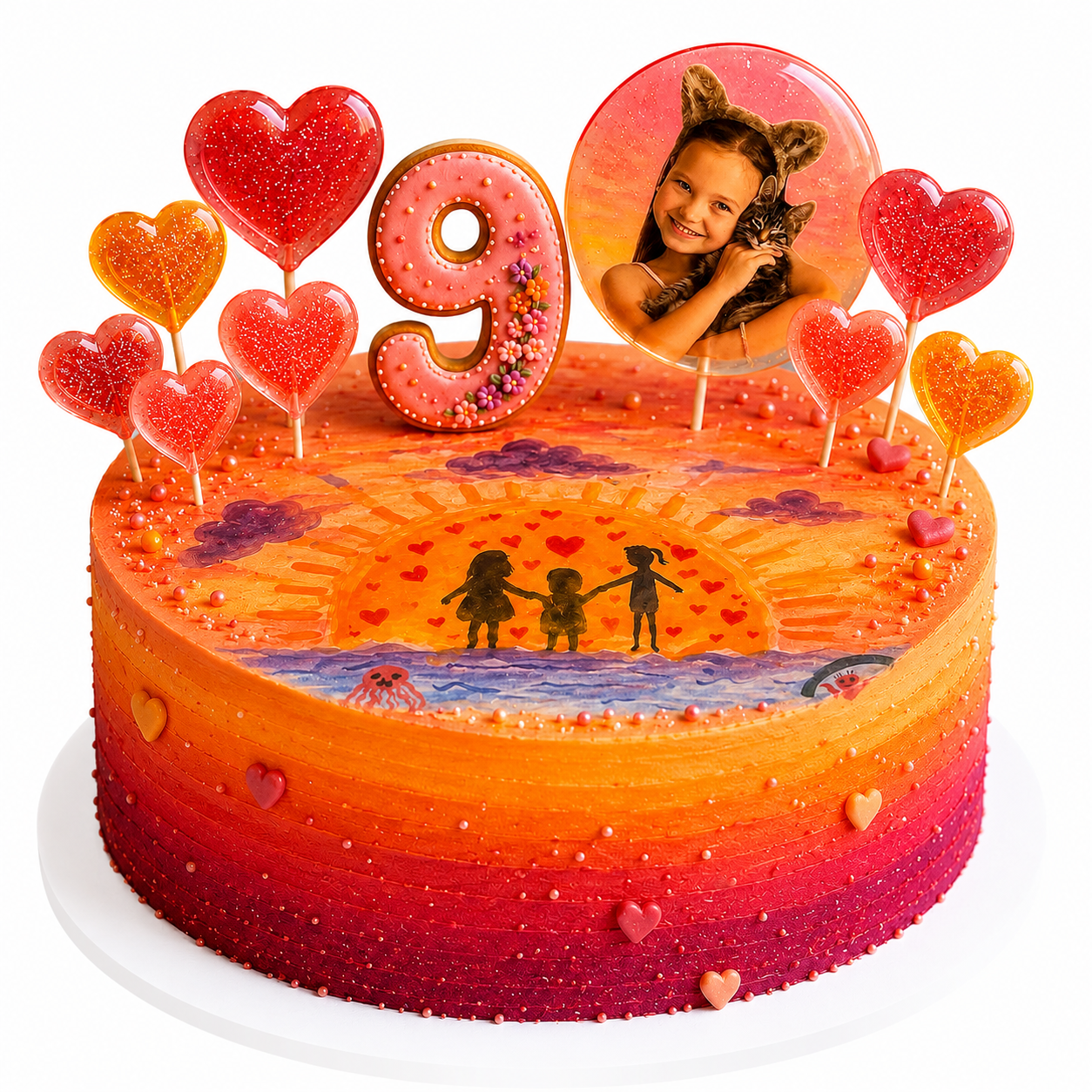 Sunset Memories Birthday Cake | Custom Photo Cake with Edible Print & Handmade Lollipops