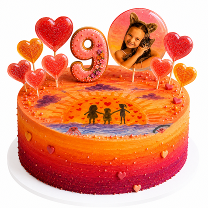 Sunset Memories Birthday Cake | Custom Photo Cake with Edible Print & Handmade Lollipops