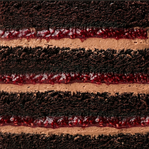 Slice of chocolate and raspberry confit cake
