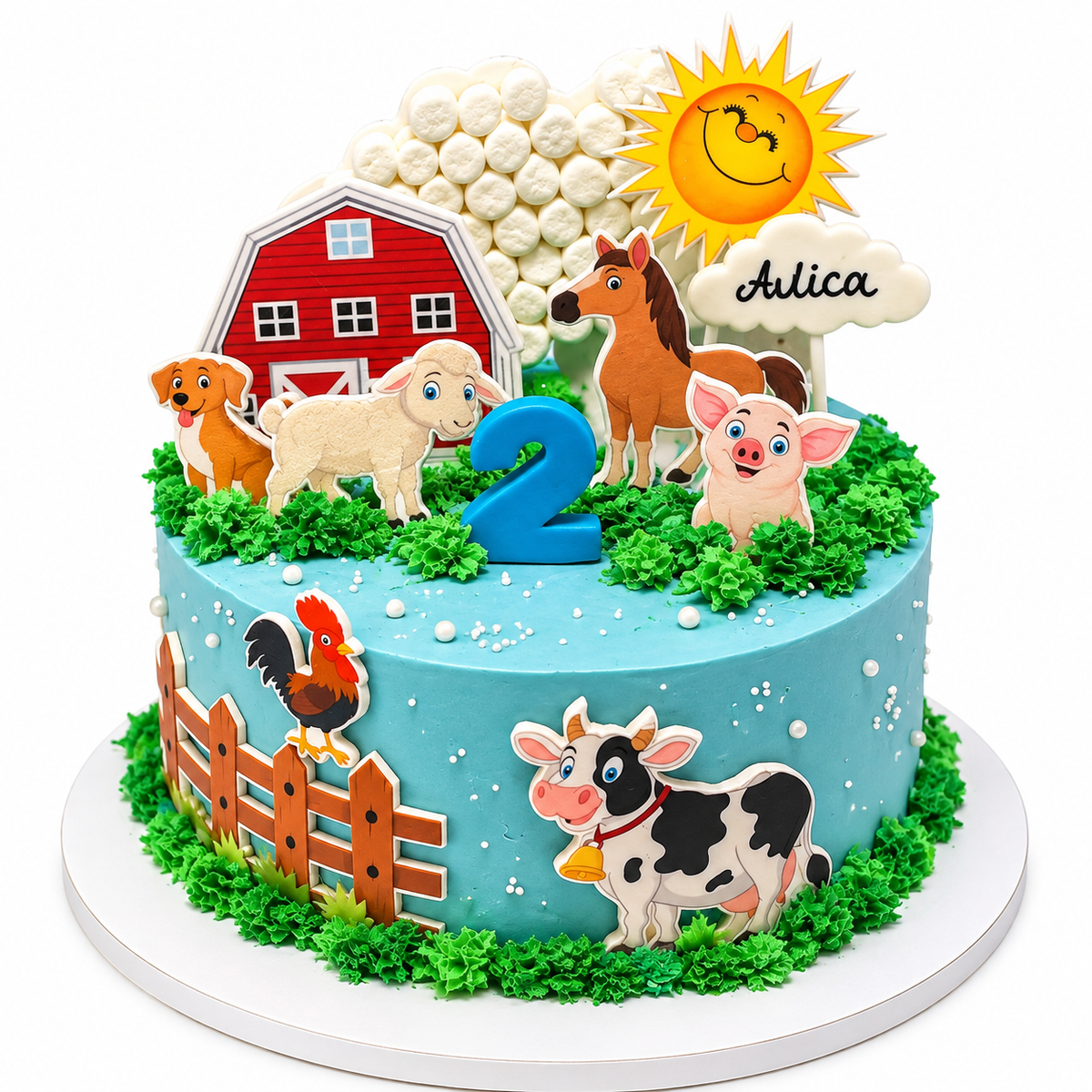 Farm Animal Birthday Cake with Edible Barnyard Art and Custom Name