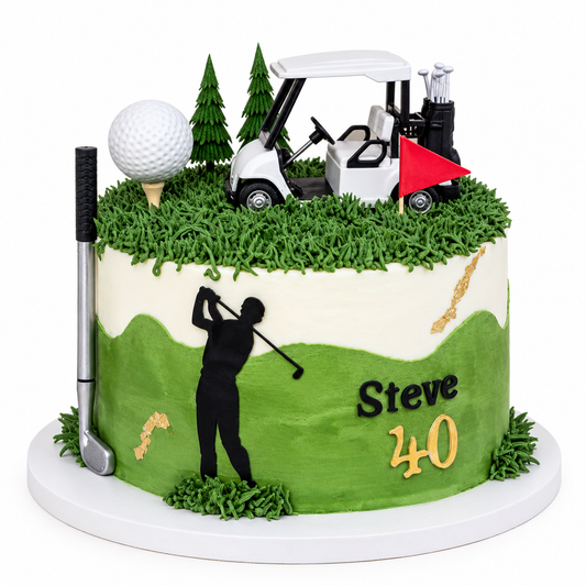 Golf Birthday Cake with Personalized Name and Golfer Silhouette