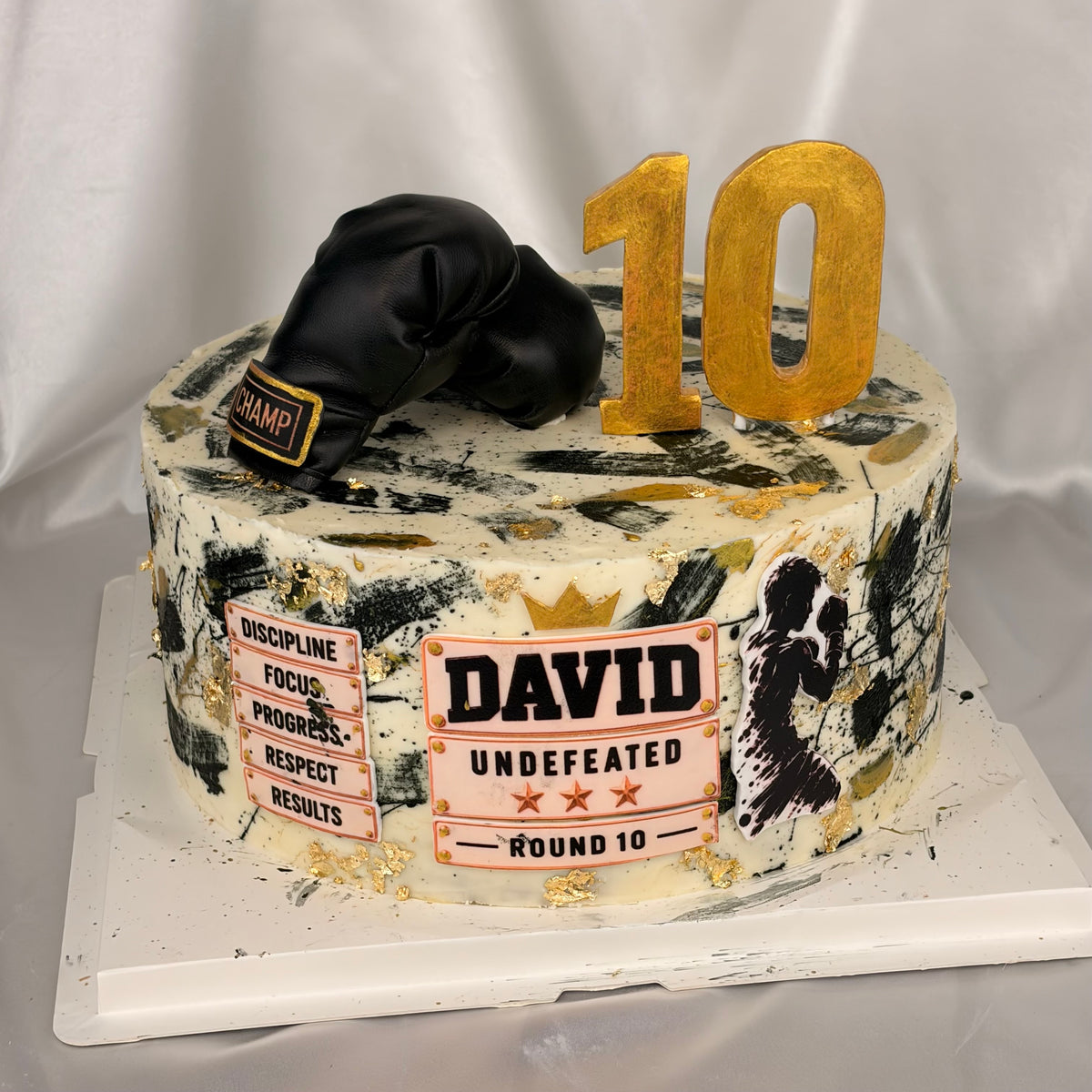 Boxing Birthday Cake with Gold Leaf and Custom Champion Plaque