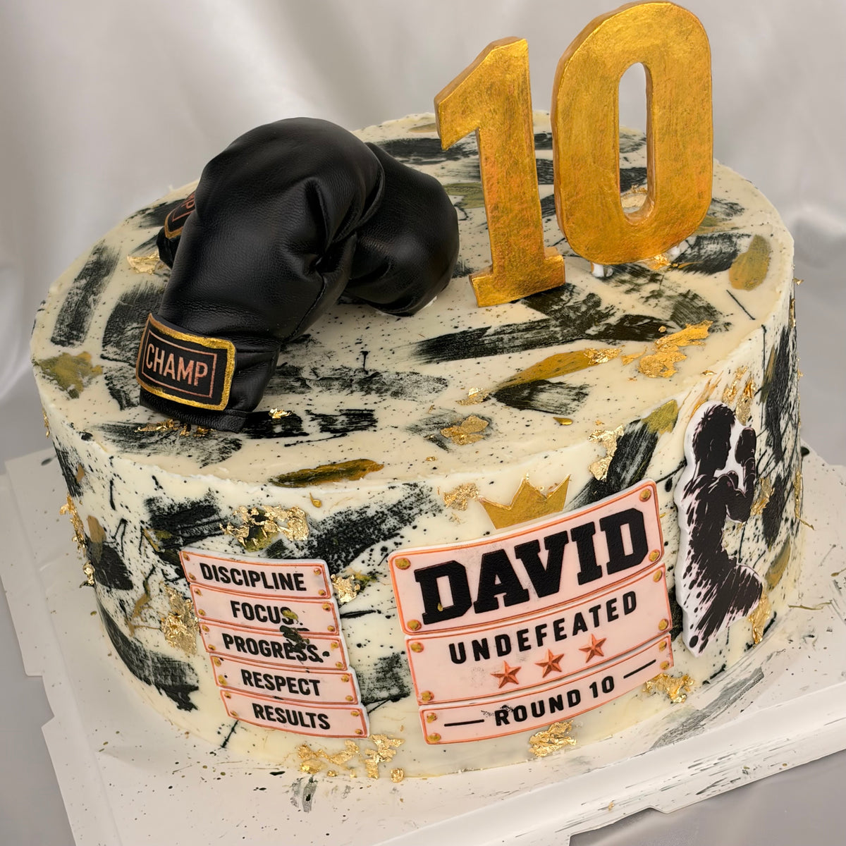 Boxing Birthday Cake with Gold Leaf and Custom Champion Plaque