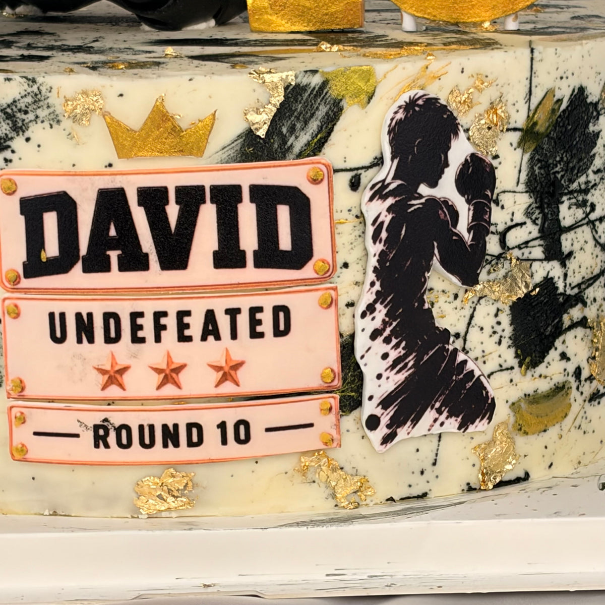 Boxing Birthday Cake with Gold Leaf and Custom Champion Plaque