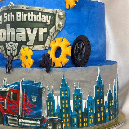 Transformers-Themed Two-Tier Birthday Cake with Custom Name Plaque