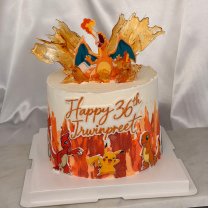 Pokémon-Themed Birthday Cake with Edible Caramel Fire