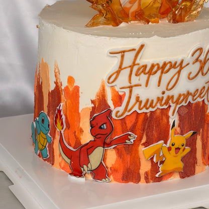 Pokémon-Themed Birthday Cake with Edible Caramel Fire