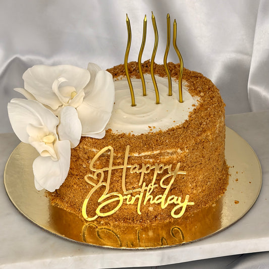 Medovik Birthday Cake with White Orchids and Gold Candles