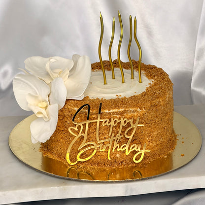 Medovik Birthday Cake with White Orchids and Gold Candles