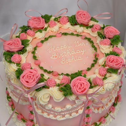 Vintage Birthday Cake with Hand-Piped Pink Roses
