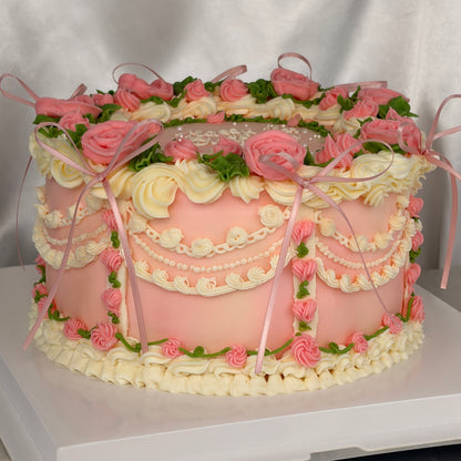 Vintage Birthday Cake with Hand-Piped Pink Roses