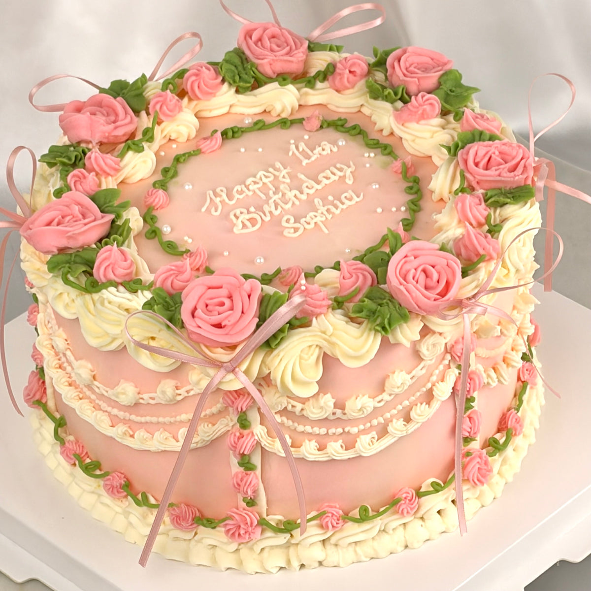 Vintage Birthday Cake with Hand-Piped Pink Roses
