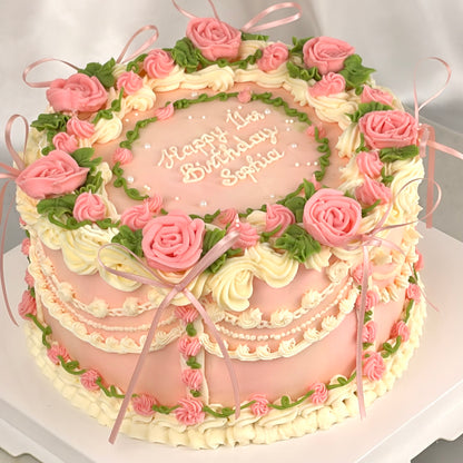 Vintage Birthday Cake with Hand-Piped Pink Roses