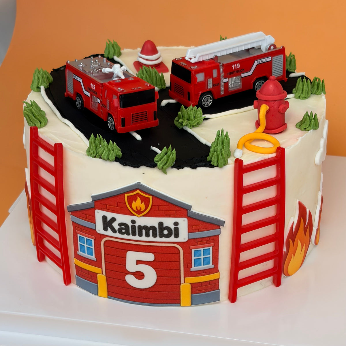 Fire Truck Birthday Cake with Keepsake Toy Trucks