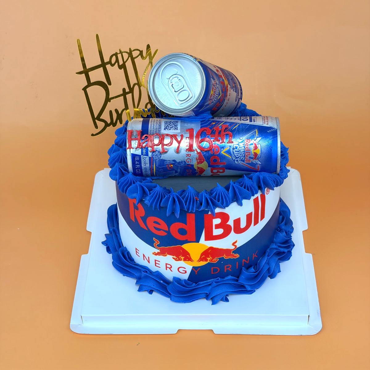 Red Bull-Themed Birthday Cake with Edible Can Wrap