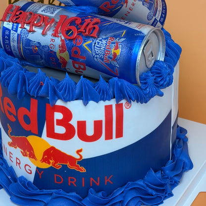 Red Bull-Themed Birthday Cake with Edible Can Wrap