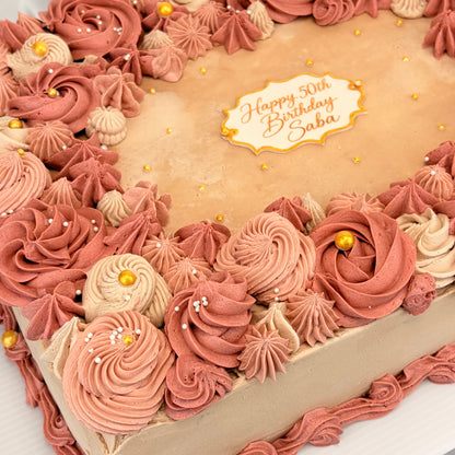 Birthday Sheet Cake with Hand-Piped Dusty Rose Buttercream Rosettes