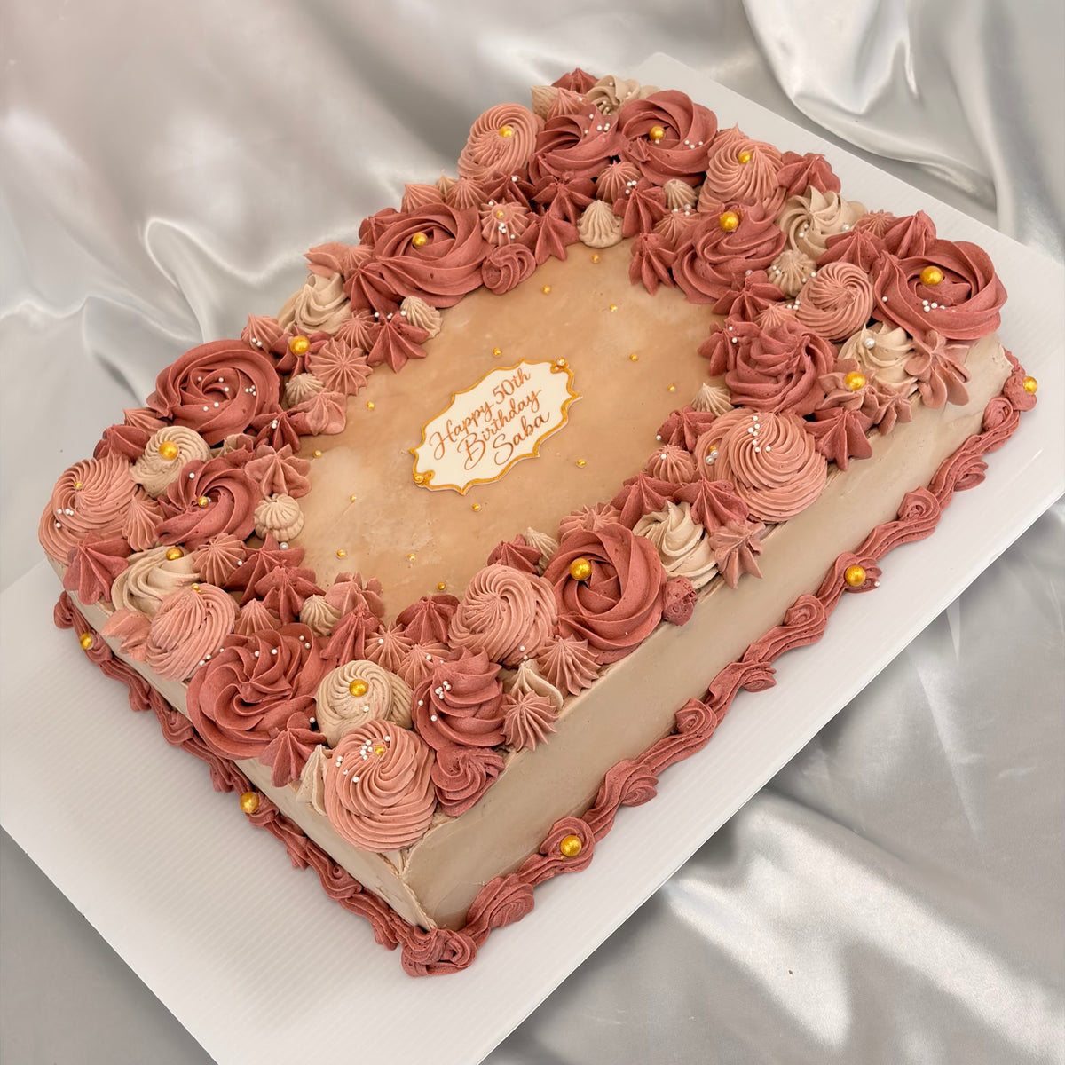 Birthday Sheet Cake with Hand-Piped Dusty Rose Buttercream Rosettes