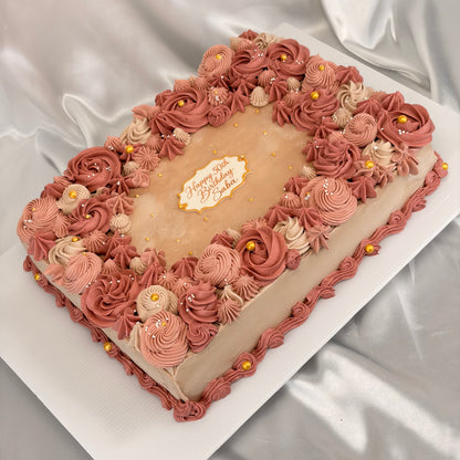 Birthday Sheet Cake with Hand-Piped Dusty Rose Buttercream Rosettes