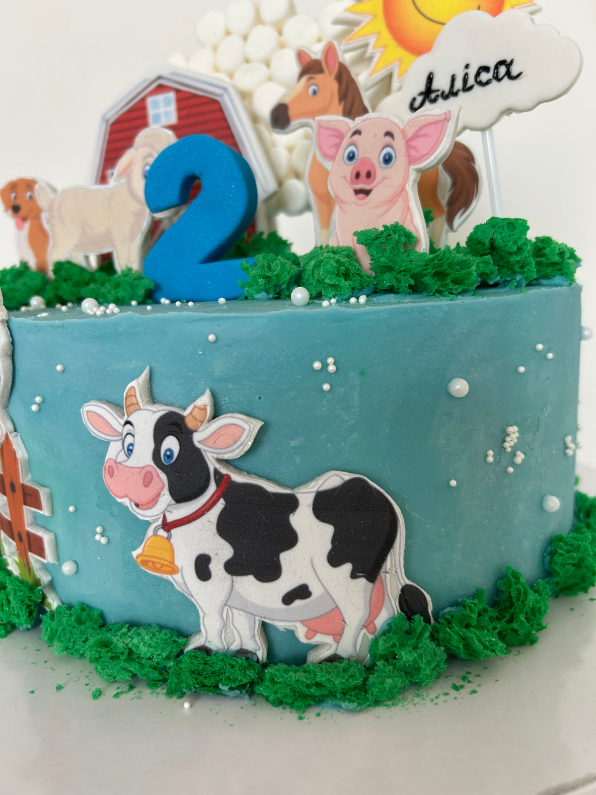 Farm Animal Birthday Cake with Edible Barnyard Art and Custom Name