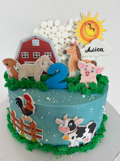 Farm Animal Birthday Cake with Edible Barnyard Art and Custom Name