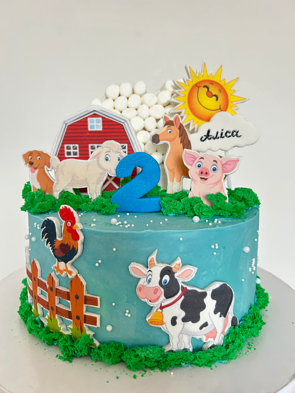 Farm Animal Birthday Cake with Edible Barnyard Art and Custom Name
