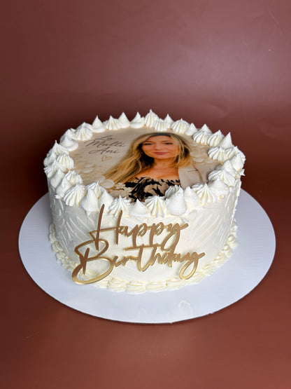 Photo Birthday Cake with Edible Portrait Print and Custom Message