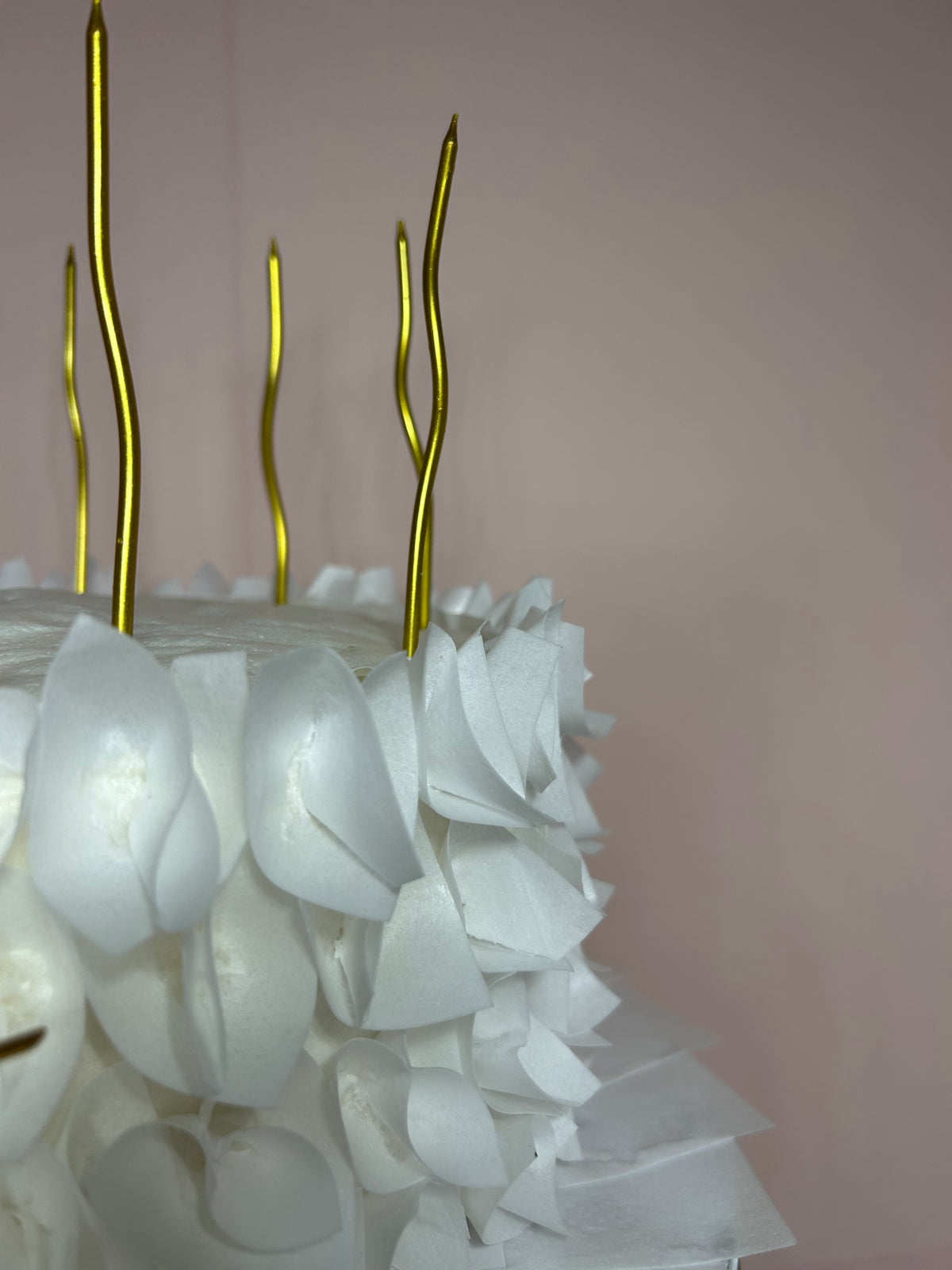 White Birthday Cake with Wafer Paper Petals and Ruffles