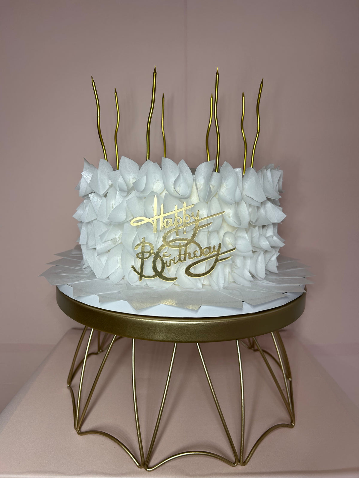 White Birthday Cake with Wafer Paper Petals and Ruffles