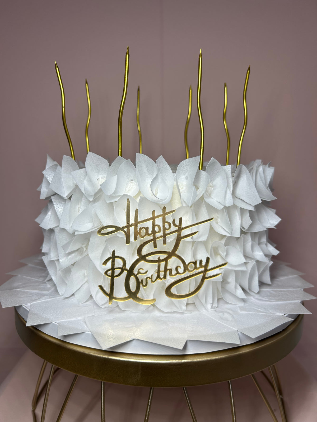 White Birthday Cake with Wafer Paper Petals and Ruffles