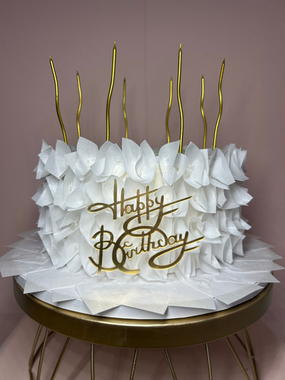 White Birthday Cake with Wafer Paper Petals and Ruffles