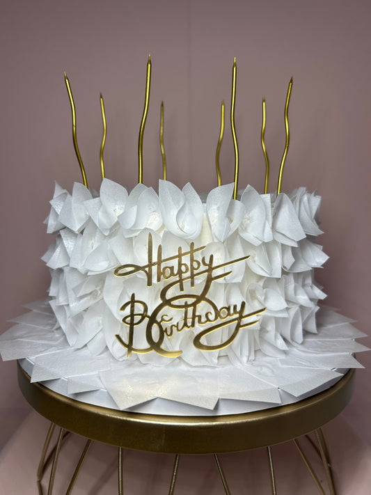 White Birthday Cake with Wafer Paper Petals and Ruffles