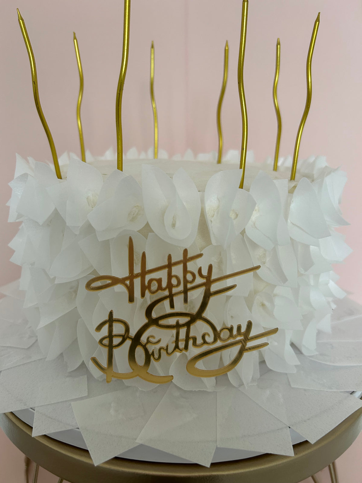 White Birthday Cake with Wafer Paper Petals and Ruffles