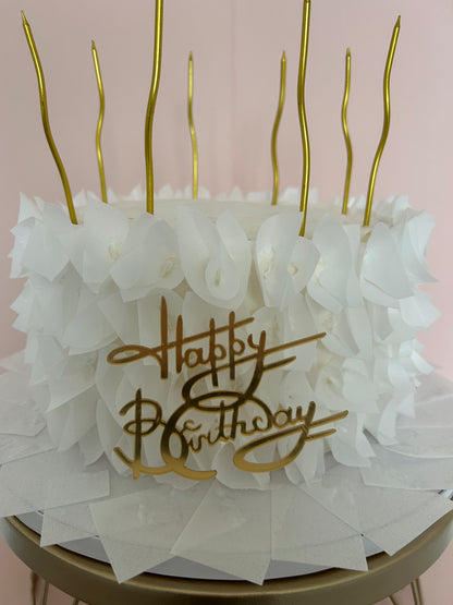 White Birthday Cake with Wafer Paper Petals and Ruffles