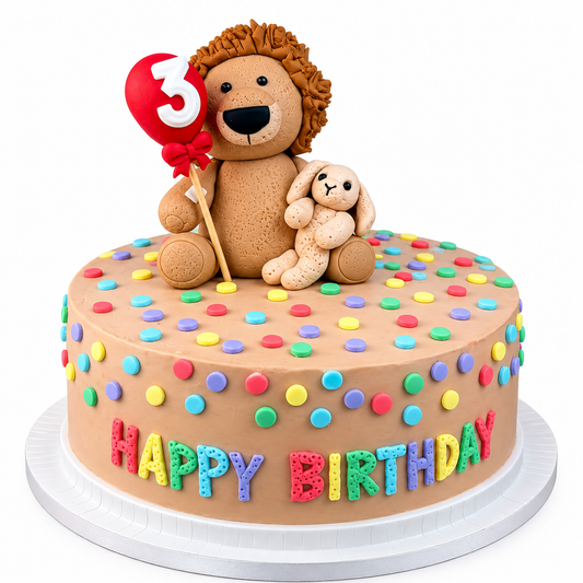 Lion Birthday Cake with Handmade 3D Fondant Lion and Bunny