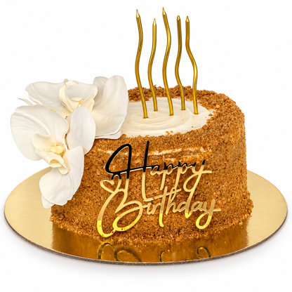 Medovik Birthday Cake with White Orchids and Gold Candles
