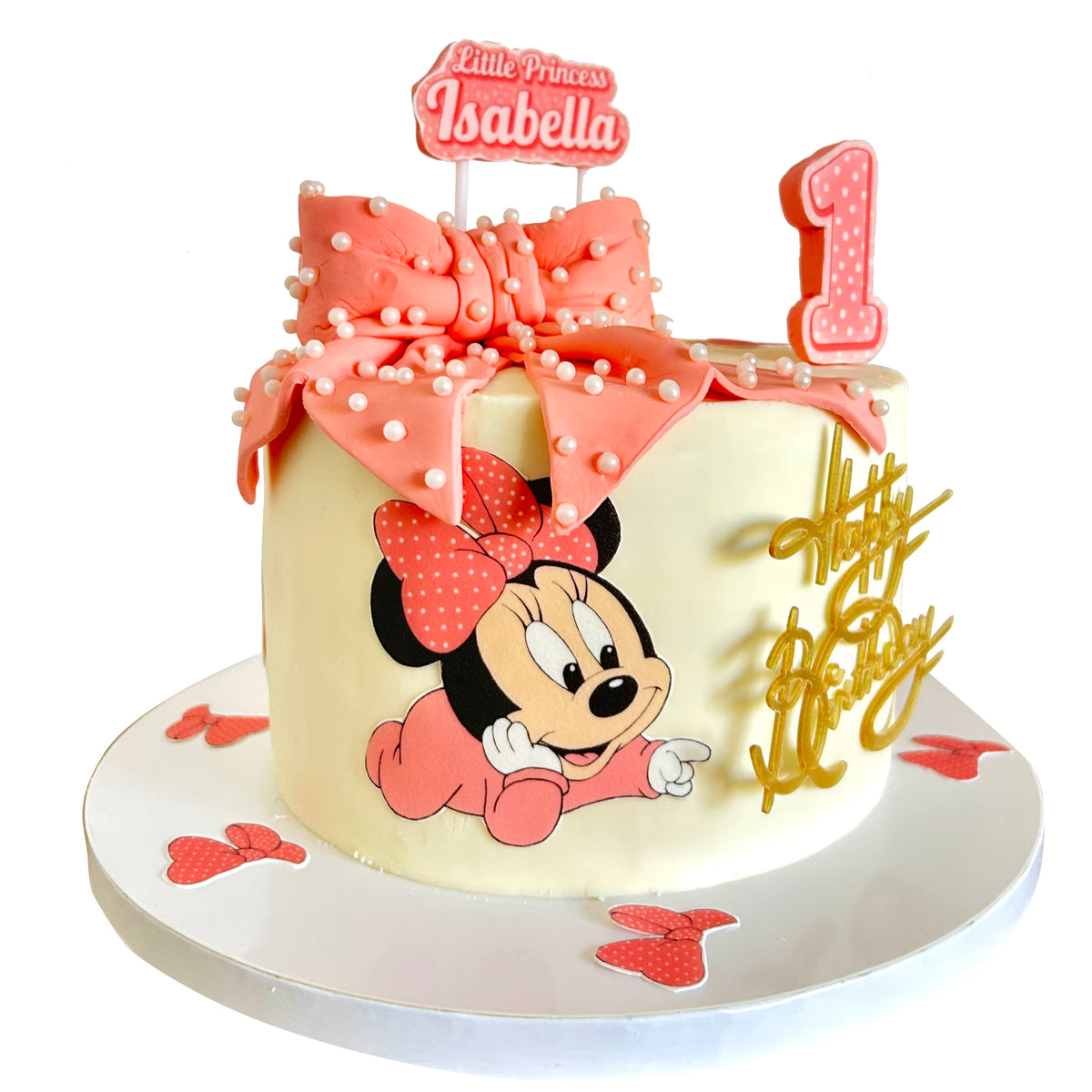 Minnie Mouse Birthday Cake with Pink Bow and Custom Name