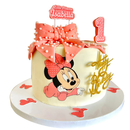 Minnie Mouse Birthday Cake with Pink Bow and Custom Name