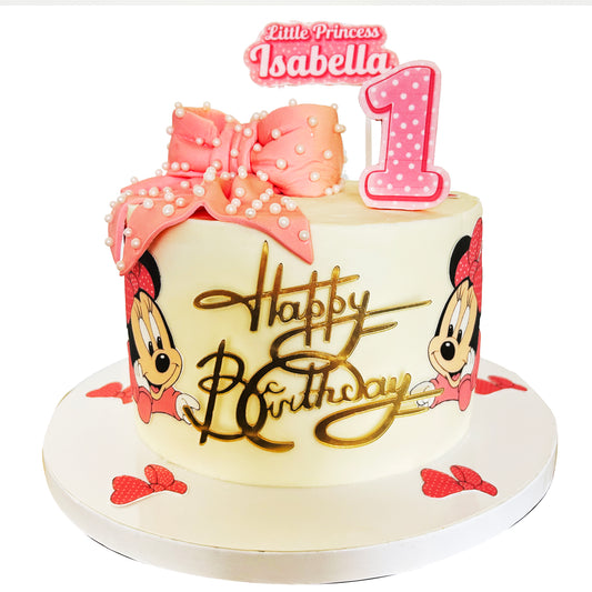 Minnie Mouse Birthday Cake with Pink Bow and Custom Name