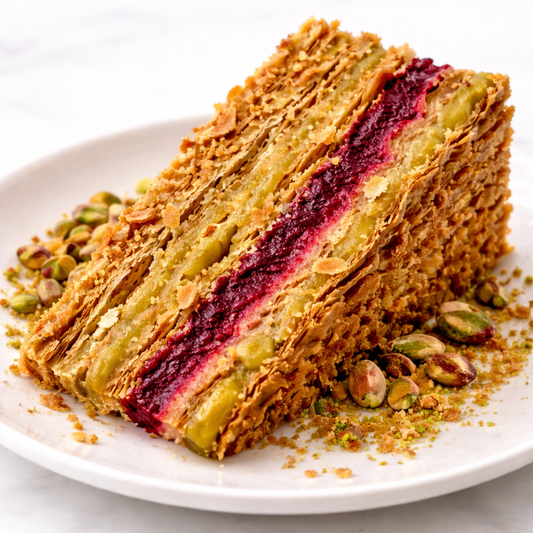 Pistachio Raspberry Napoleon Cake (Mille-Feuille Style)