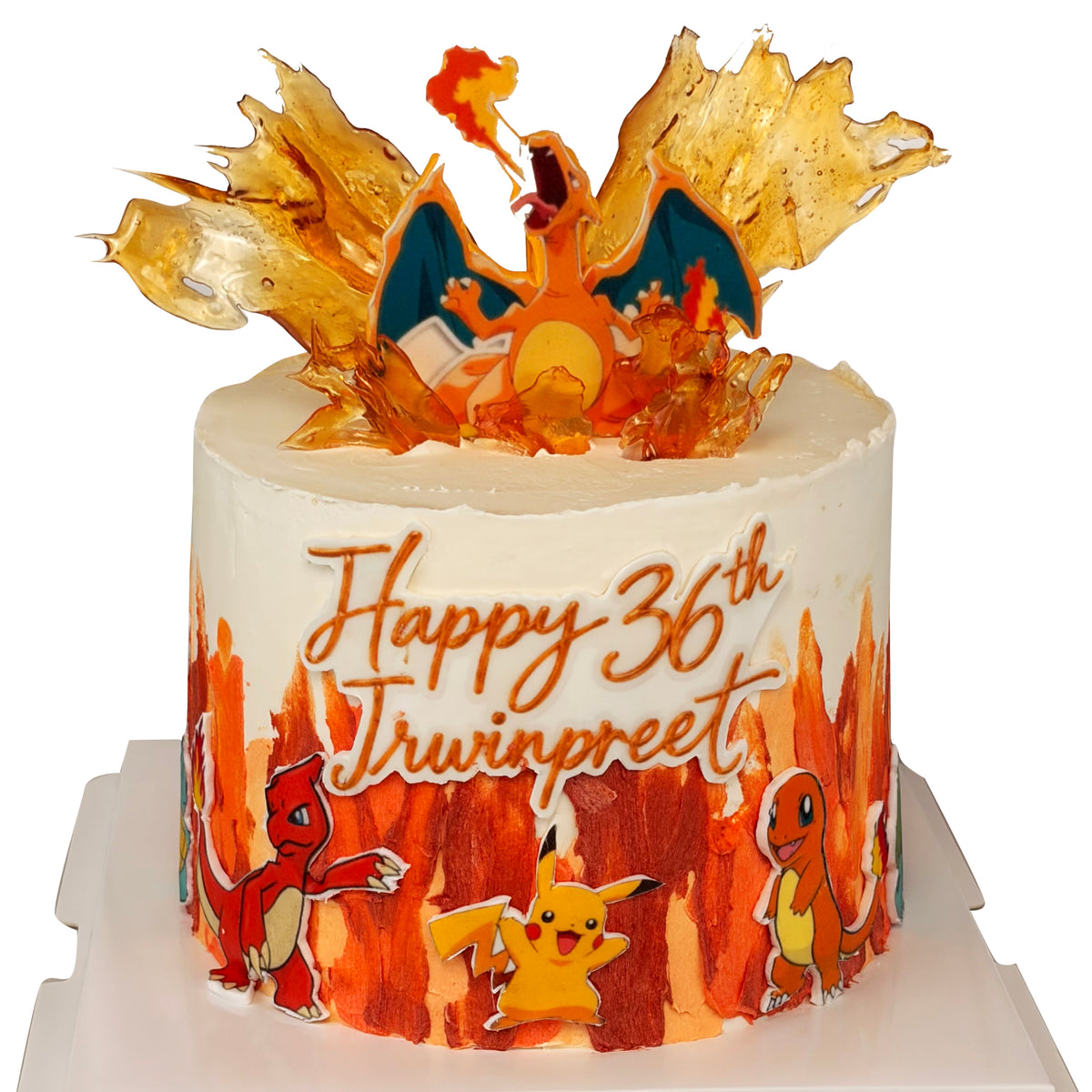 Pokémon-Themed Birthday Cake with Edible Caramel Fire