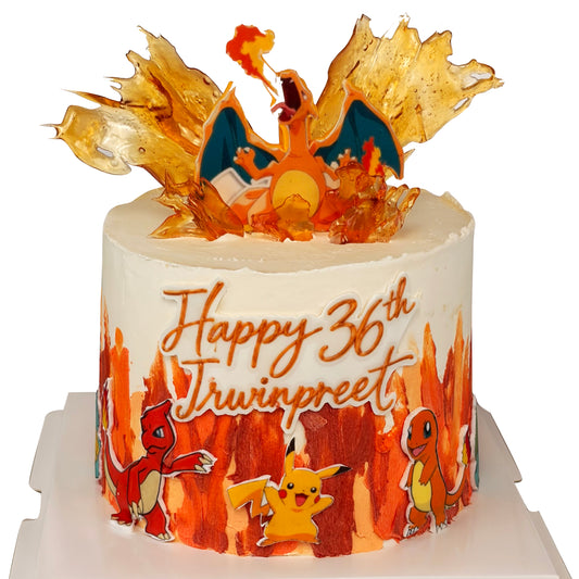 Pokémon-Themed Birthday Cake with Edible Caramel Fire