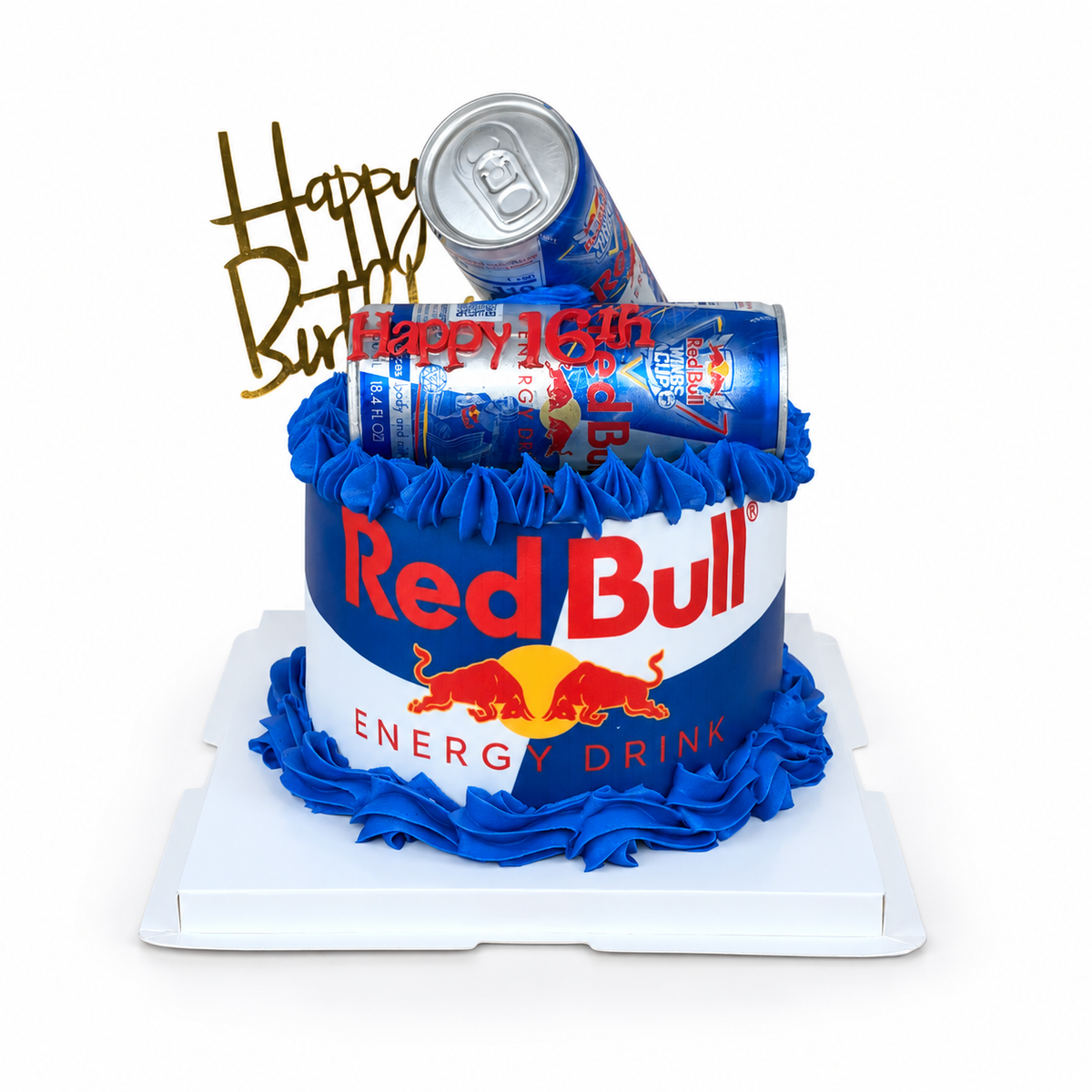 Red Bull-Themed Birthday Cake with Edible Can Wrap