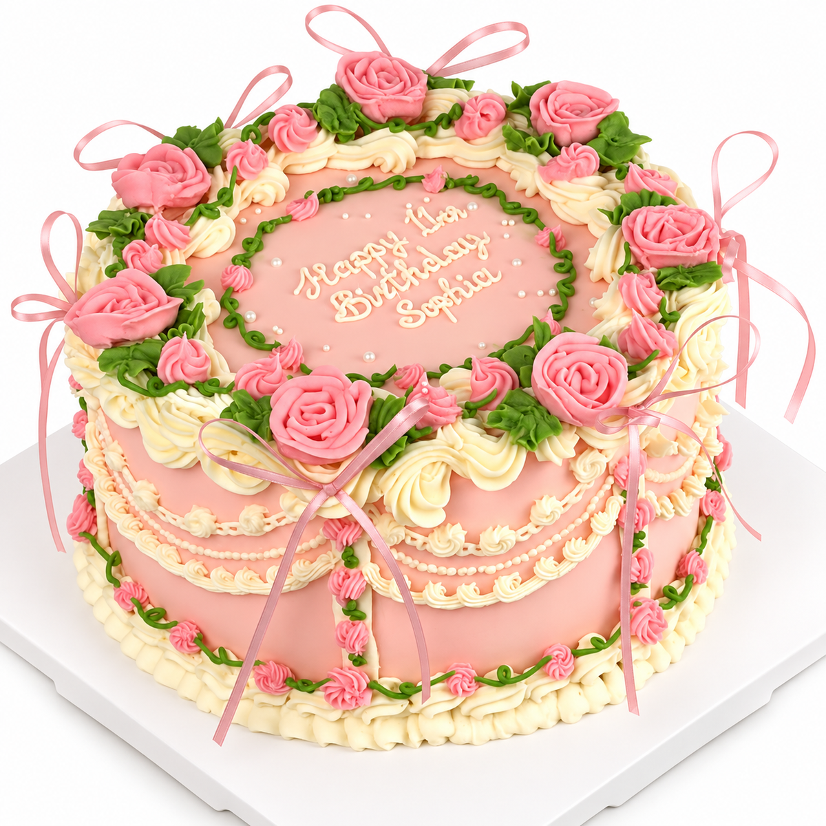 Vintage Birthday Cake with Hand-Piped Pink Roses