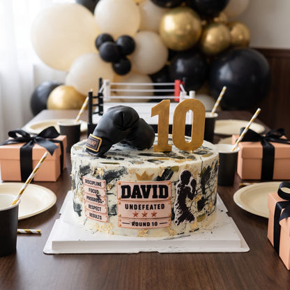 Boxing Birthday Cake with Gold Leaf and Custom Champion Plaque