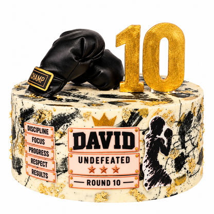 Boxing Birthday Cake with Gold Leaf and Custom Champion Plaque